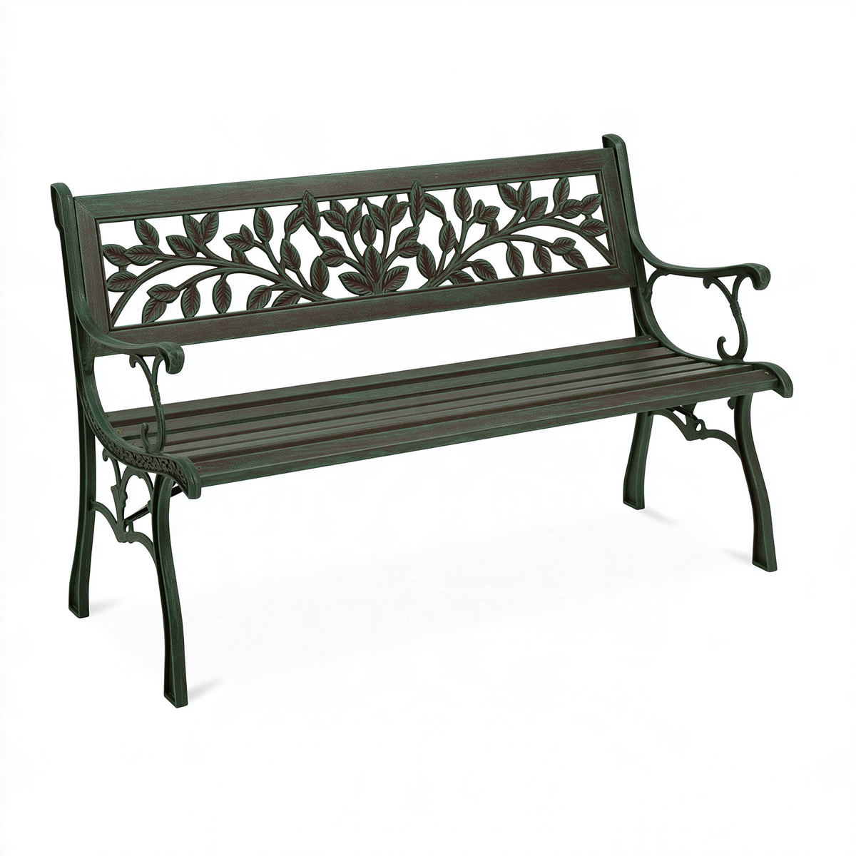 Panca da giardino 122 x 60 x 90 cm in metallo verde con schienale floreale classico