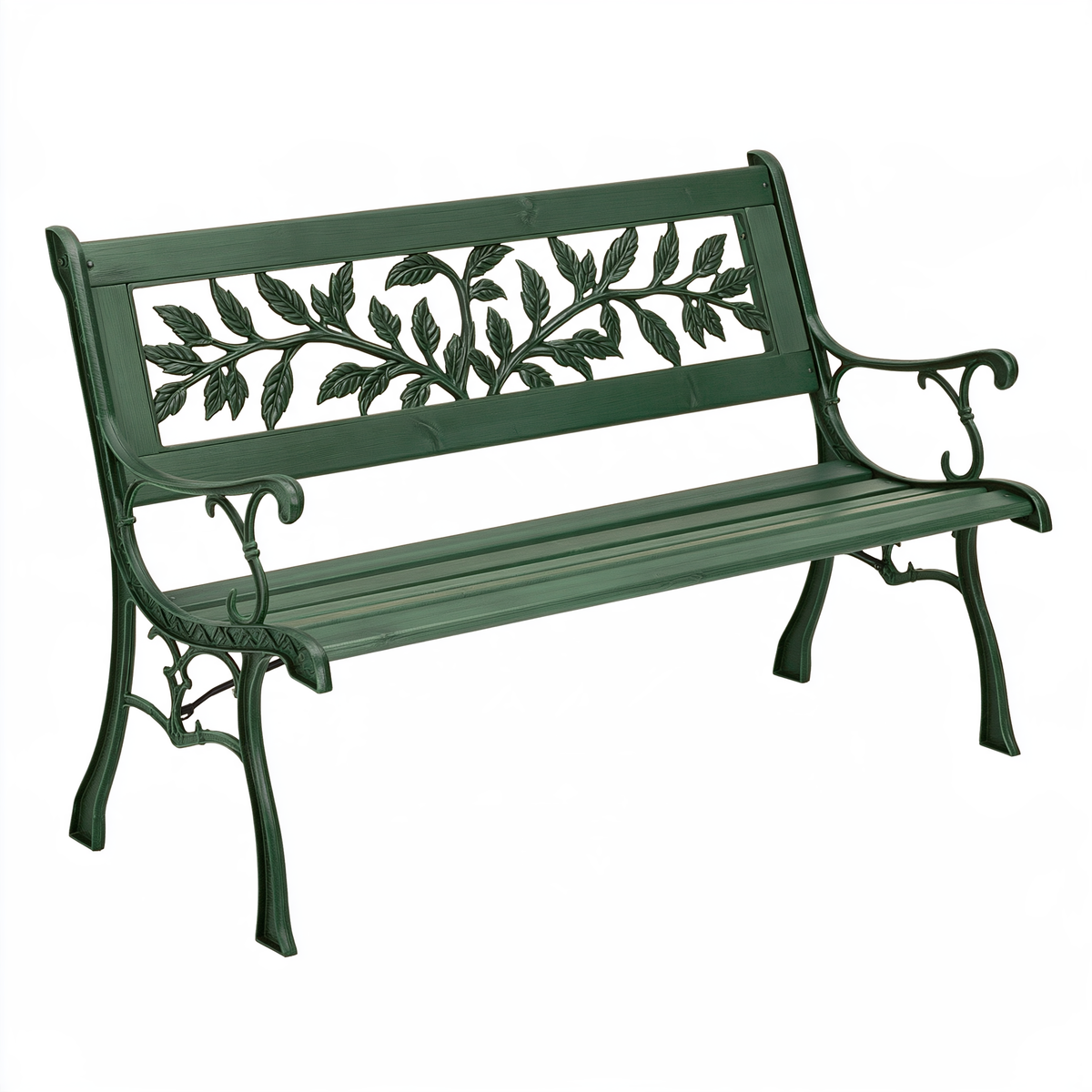 Panchina da giardino 122 x 59 x 87 cm in metallo verde con schienale a foglie stile classico