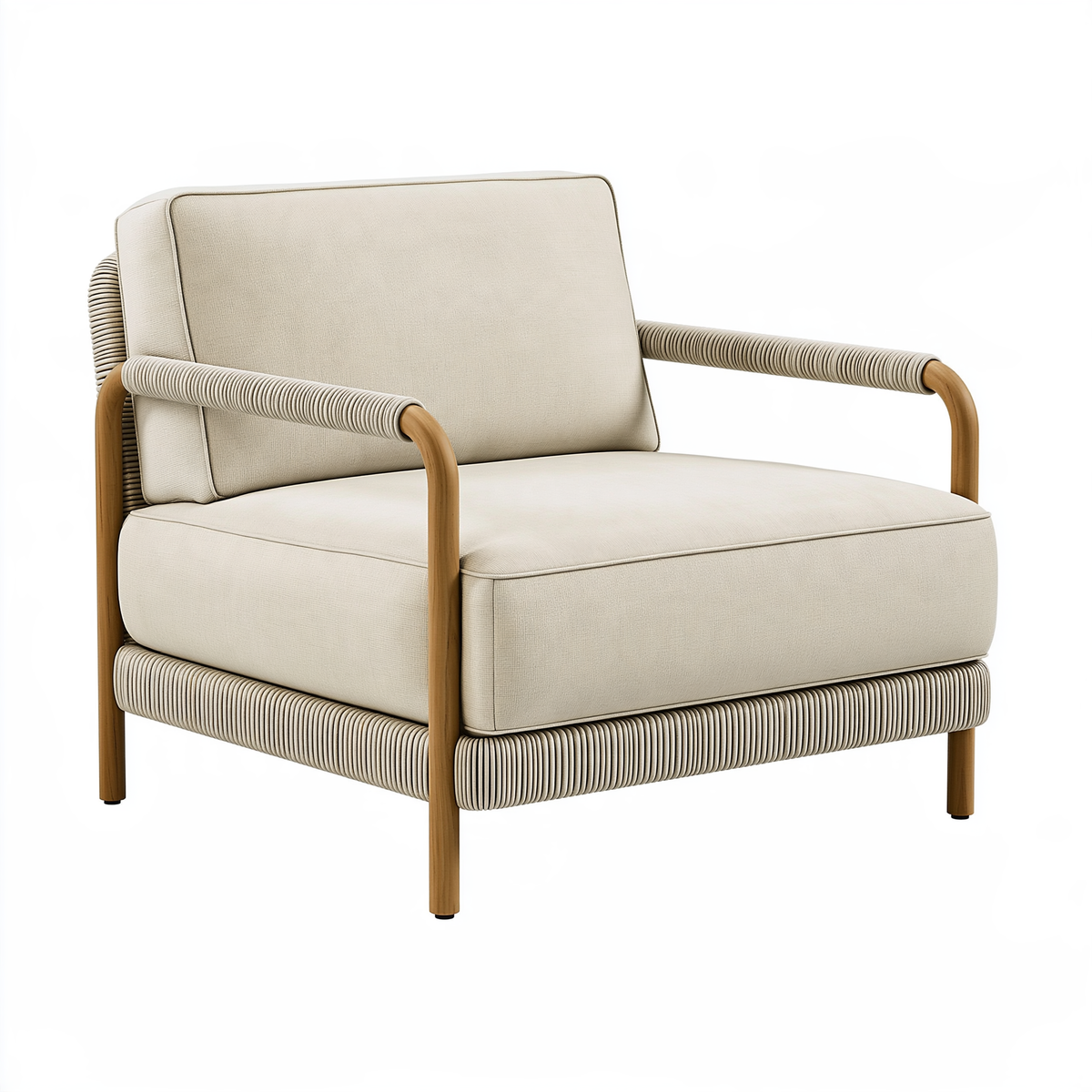 Poltrona 78 x 82 x 83 cm in tessuto beige e legno con braccioli intrecciati stile contemporaneo