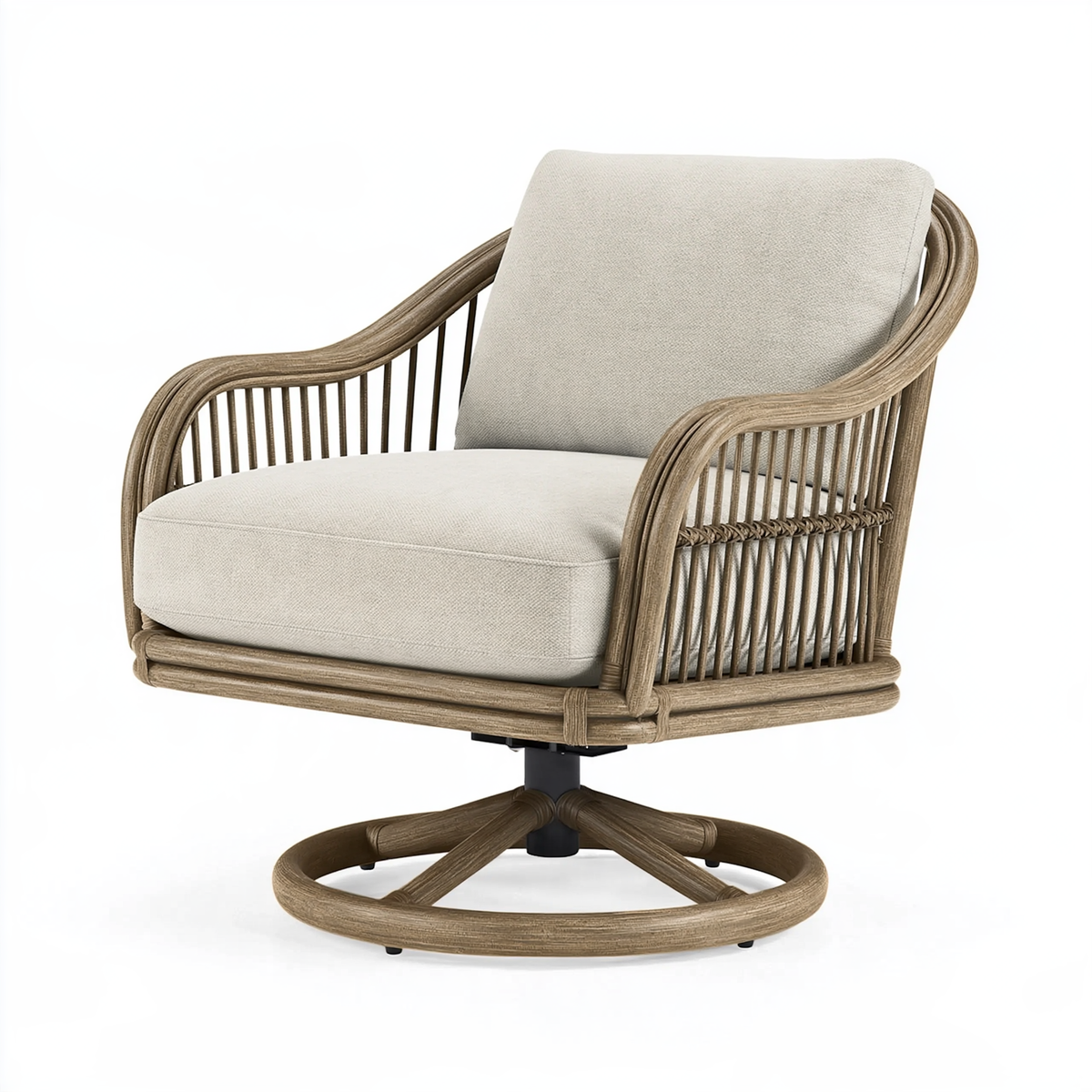 Poltrona girevole 73 x 78 x 92 cm in rattan marrone e tessuto beige - stile naturale