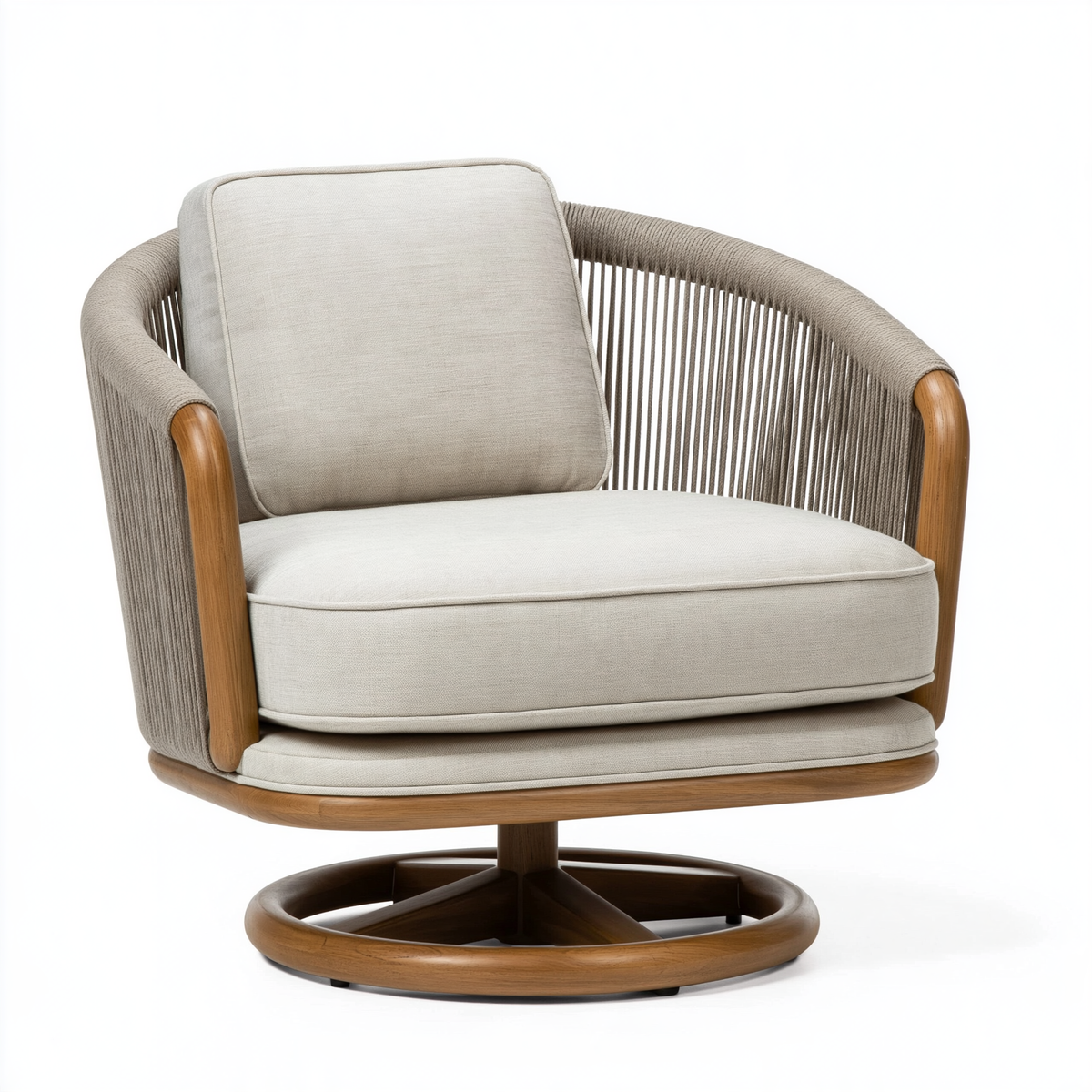 Poltrona 78 x 82 x 84 cm in tessuto beige e legno marrone - girevole con schienale intrecciato