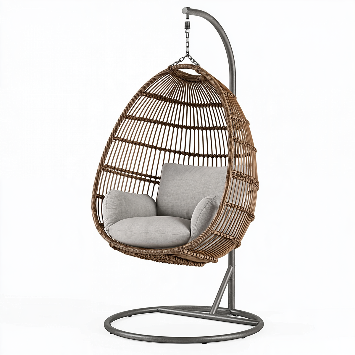 Poltrona sospesa 105 x 105 x 195 cm in fibra intrecciata marrone con supporto in metallo grigio stile boho