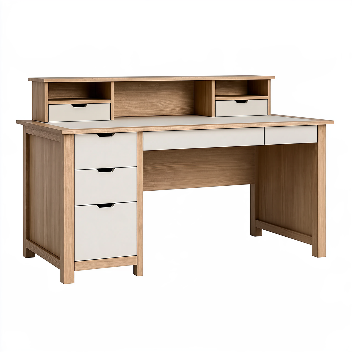 Scrivania con alzata 120 x 60 x 150 cm in legno beige e bianco con cassetti e vani portaoggetti