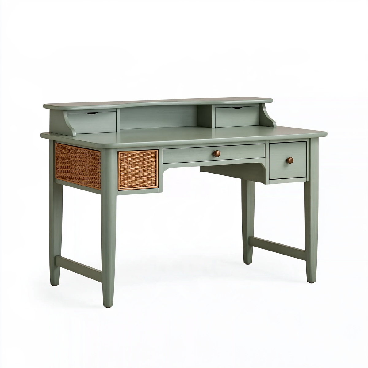 Scrivania 120 x 60 x 100 cm in legno verde salvia con cassetti e vani intrecciati stile rustico