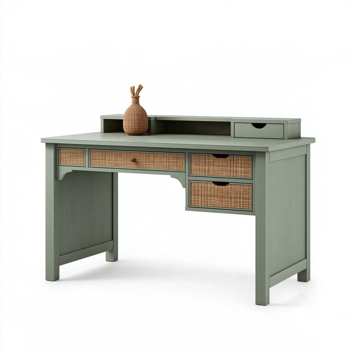 Scrivania 120 x 60 x 90 cm in legno verde salvia con cassetti in rattan - stile naturale