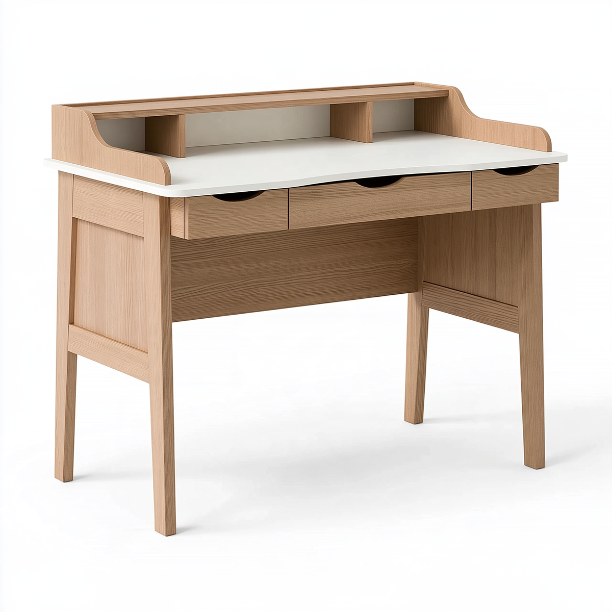 Scrivania 100 x 50 x 92 cm in legno rovere chiaro e bianco con 3 cassetti e ripiano rialzato