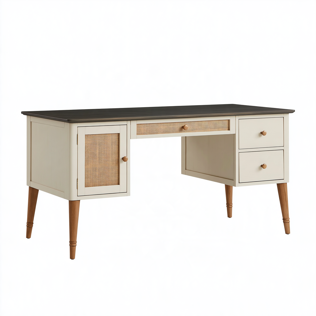 Scrivania 150x60x76 cm in legno beige e nero con cassetti stile retrò
